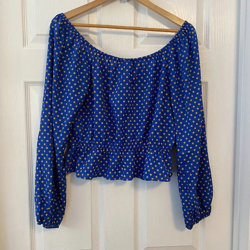 Blue Polka Dot Sweetheart Neck Peplum Long Sleeve Top - Size Large - Picture 4 of 10